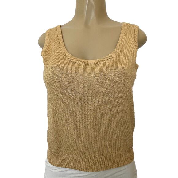 St John Santana Knit Shell Tank Top Sleeveless Gold Ribbed Hem Blouse Sc… - Picture 1 of 4